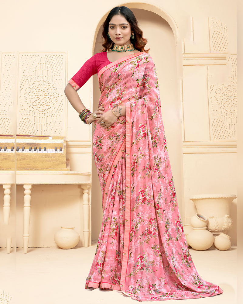 Vishal Prints Light Salmon Pink Printed Fancy Chiffon Saree With Fancy Border