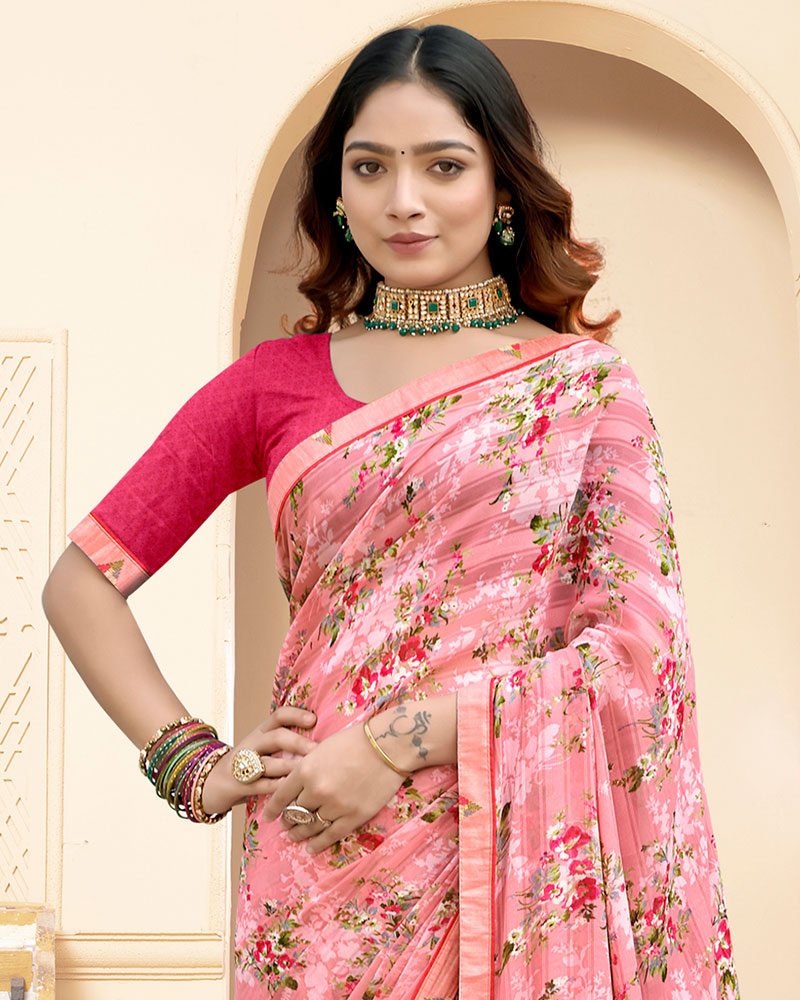 Vishal Prints Light Salmon Pink Printed Fancy Chiffon Saree With Fancy Border