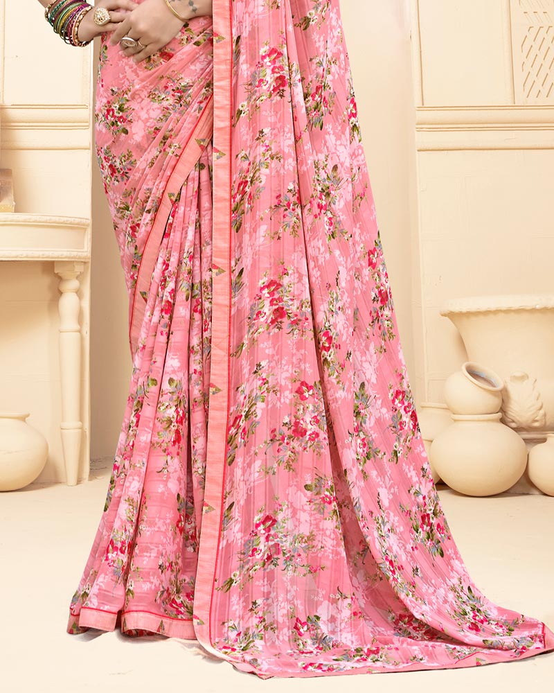 Vishal Prints Light Salmon Pink Printed Fancy Chiffon Saree With Fancy Border