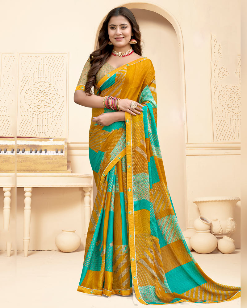 Vishal Prints Yellow Ochre Printed Fancy Chiffon Saree With Fancy Border
