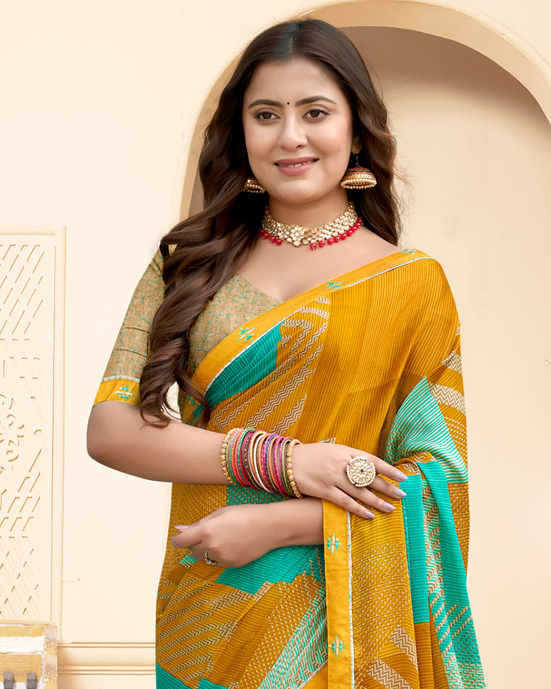 Vishal Prints Yellow Ochre Printed Fancy Chiffon Saree With Fancy Border