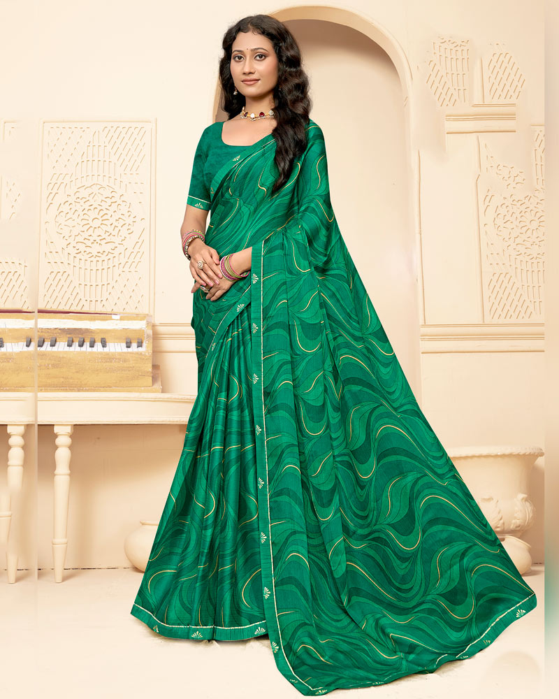Vishal Prints Dark Jade Green Printed Fancy Chiffon Saree With Fancy Border