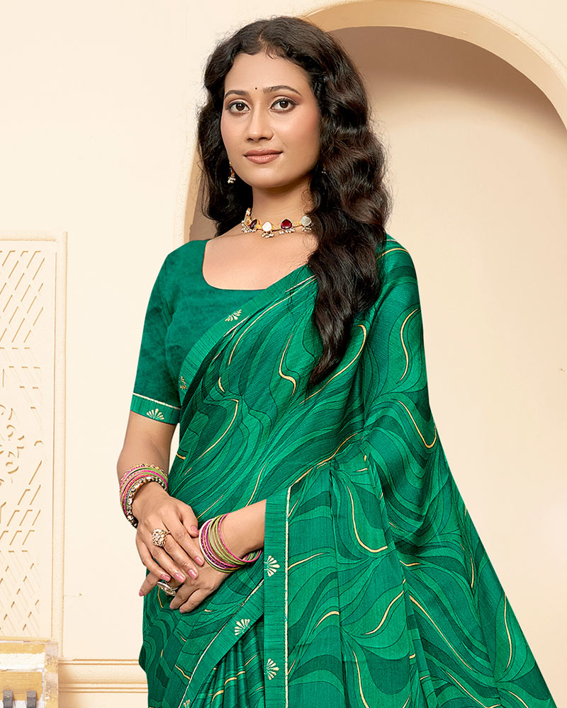Vishal Prints Dark Jade Green Printed Fancy Chiffon Saree With Fancy Border