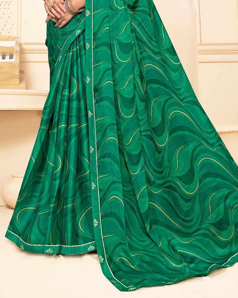 Vishal Prints Dark Jade Green Printed Fancy Chiffon Saree With Fancy Border