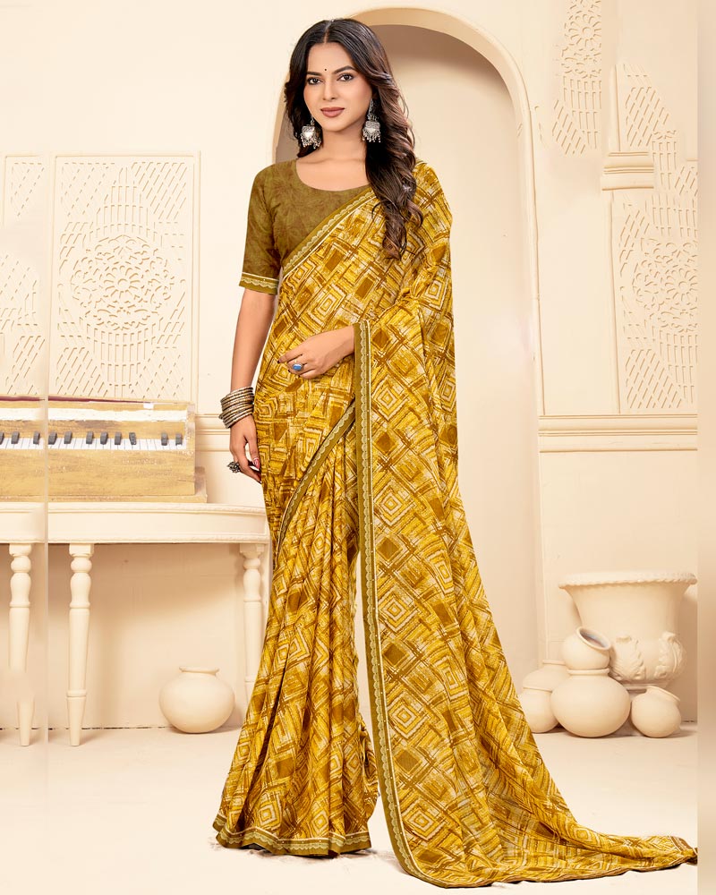 Vishal Prints Brownish Yellow Printed Fancy Chiffon Saree With Fancy Border