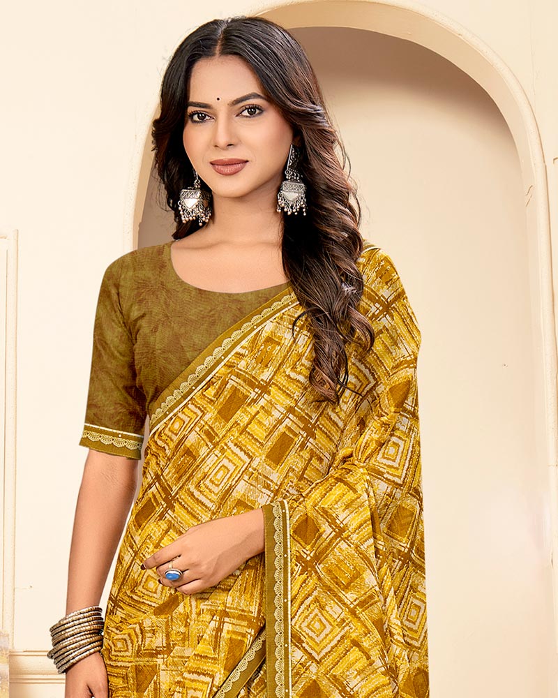 Vishal Prints Brownish Yellow Printed Fancy Chiffon Saree With Fancy Border