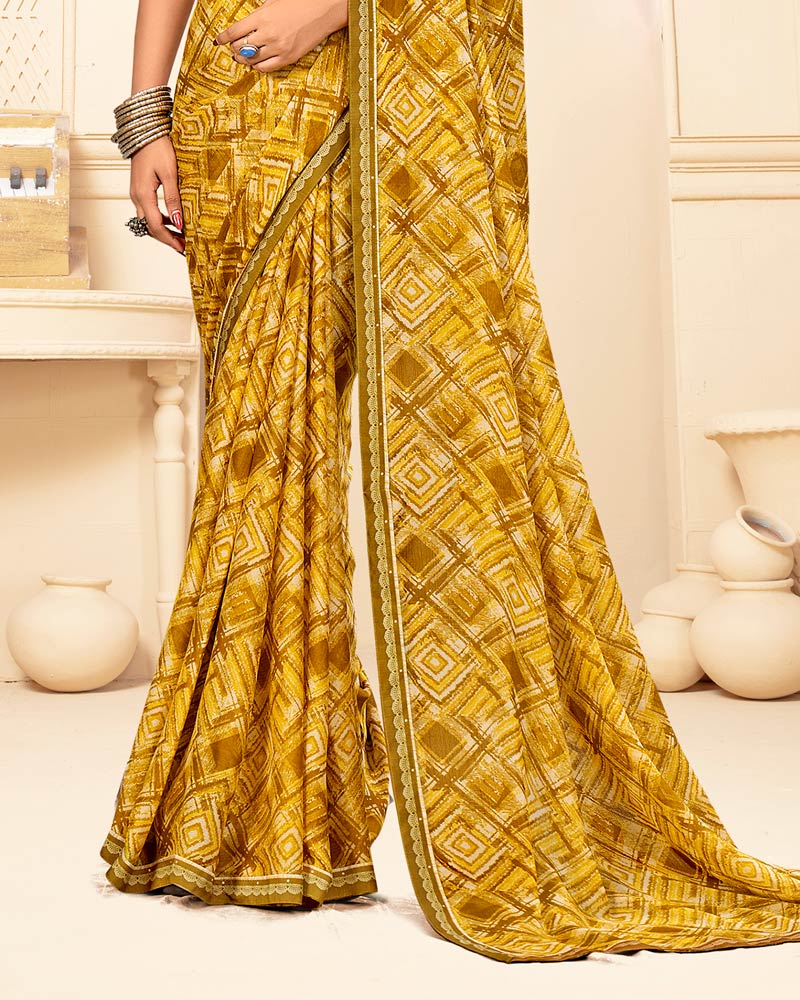 Vishal Prints Brownish Yellow Printed Fancy Chiffon Saree With Fancy Border