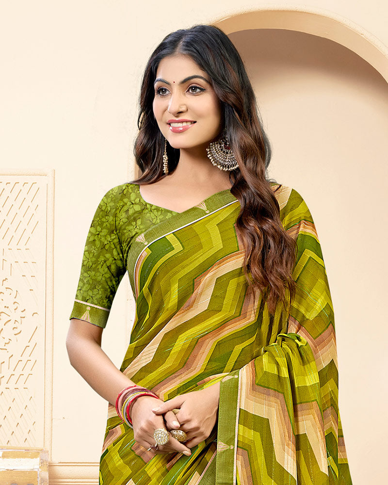 Vishal Prints Olive Yellow Printed Fancy Chiffon Saree With Fancy Border