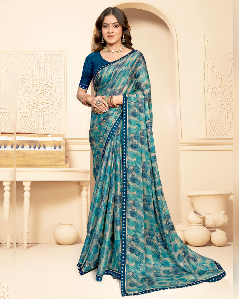 Vishal Prints Dusty Teal Green Printed Fancy Chiffon Saree With Fancy Border
