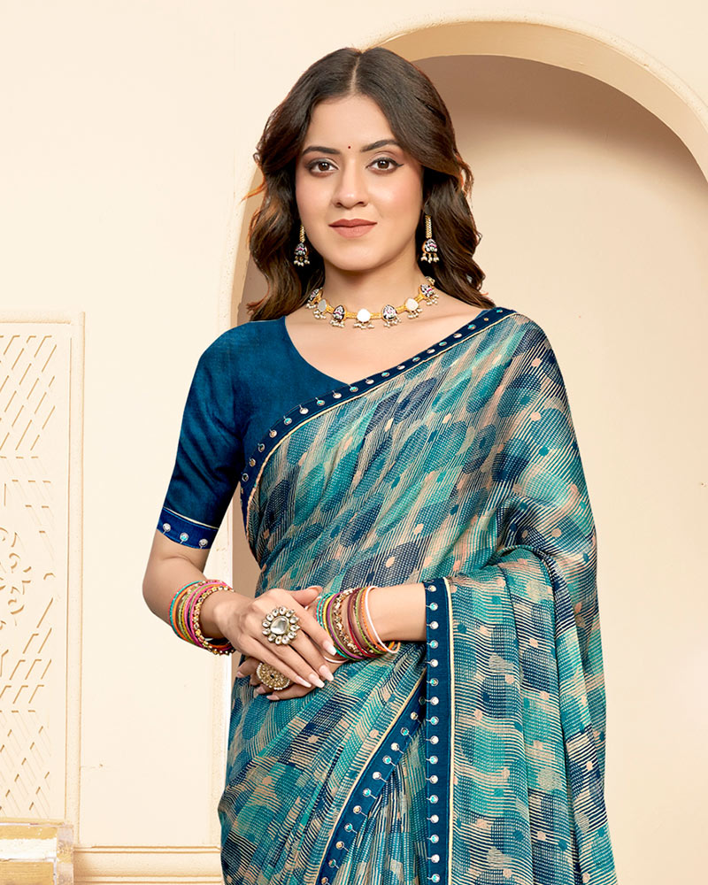 Vishal Prints Dusty Teal Green Printed Fancy Chiffon Saree With Fancy Border