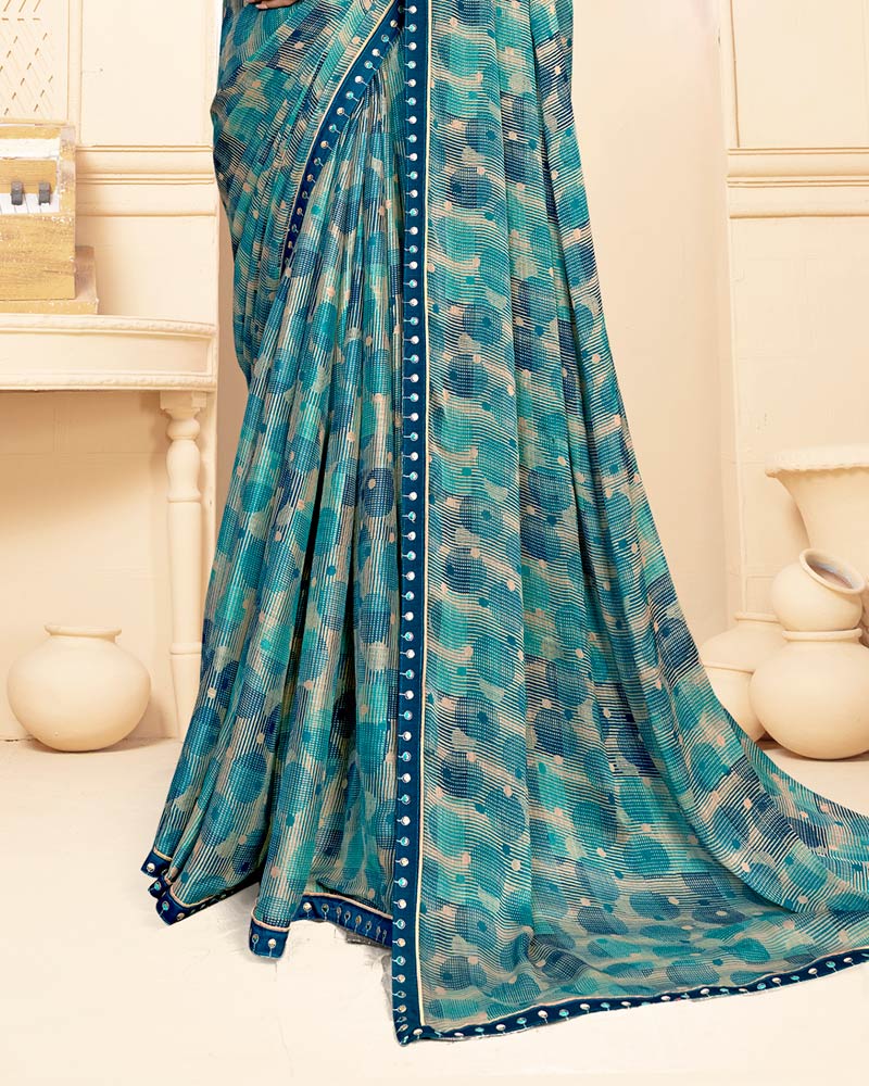 Vishal Prints Dusty Teal Green Printed Fancy Chiffon Saree With Fancy Border