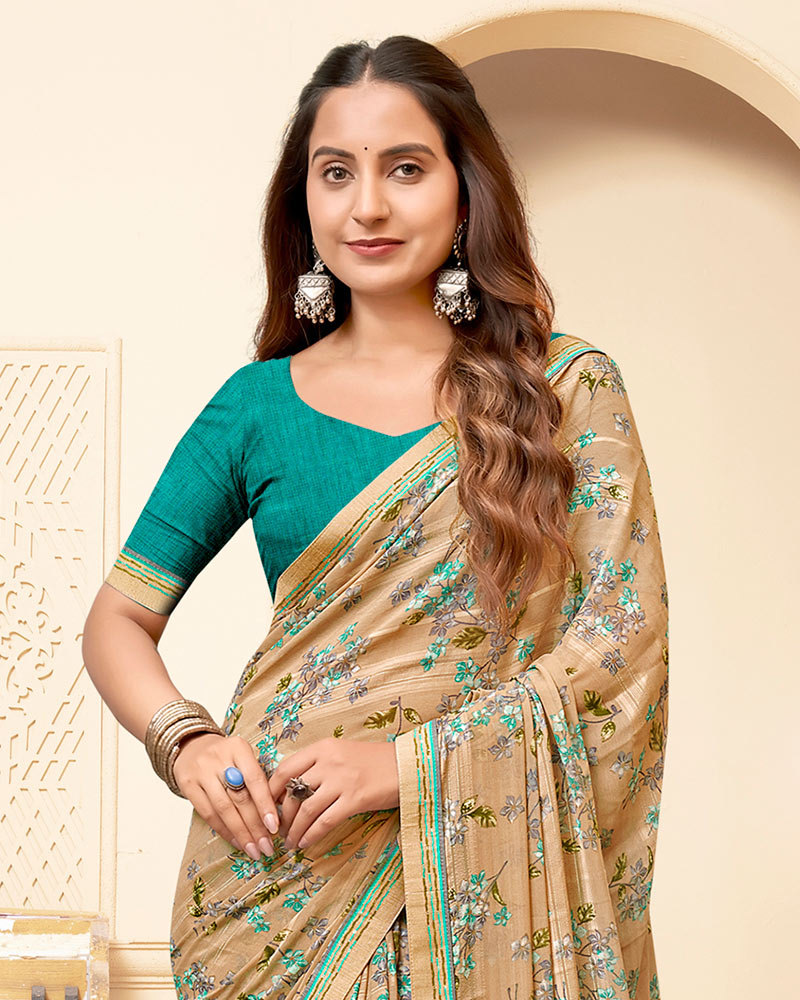 Vishal Prints Pinkish Tan Printed Fancy Chiffon Saree With Fancy Border