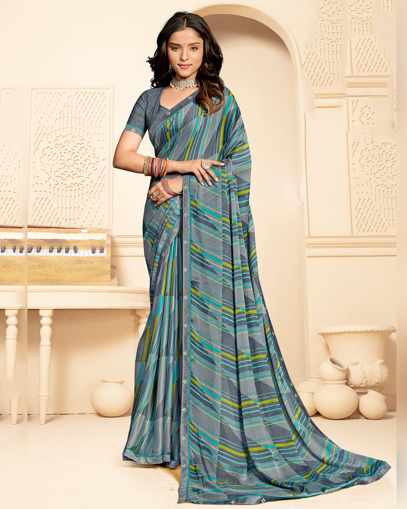 Vishal Prints Smokey Grey Printed Fancy Chiffon Saree With Fancy Border