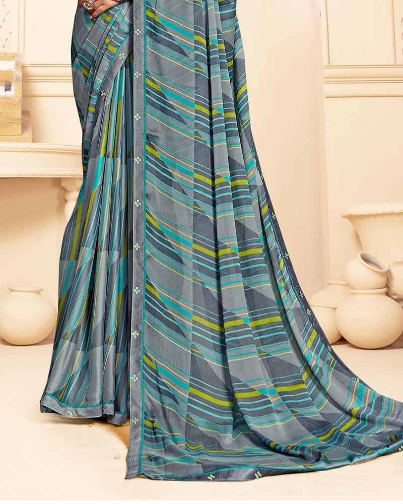 Vishal Prints Smokey Grey Printed Fancy Chiffon Saree With Fancy Border