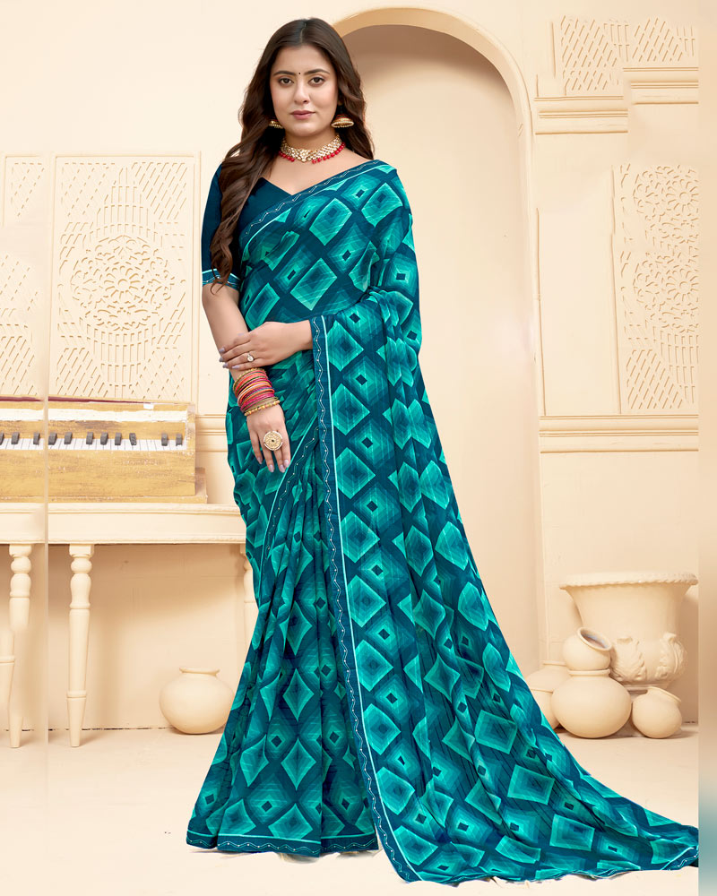 Vishal Prints Dark Ocean Green Printed Fancy Chiffon Saree With Fancy Border