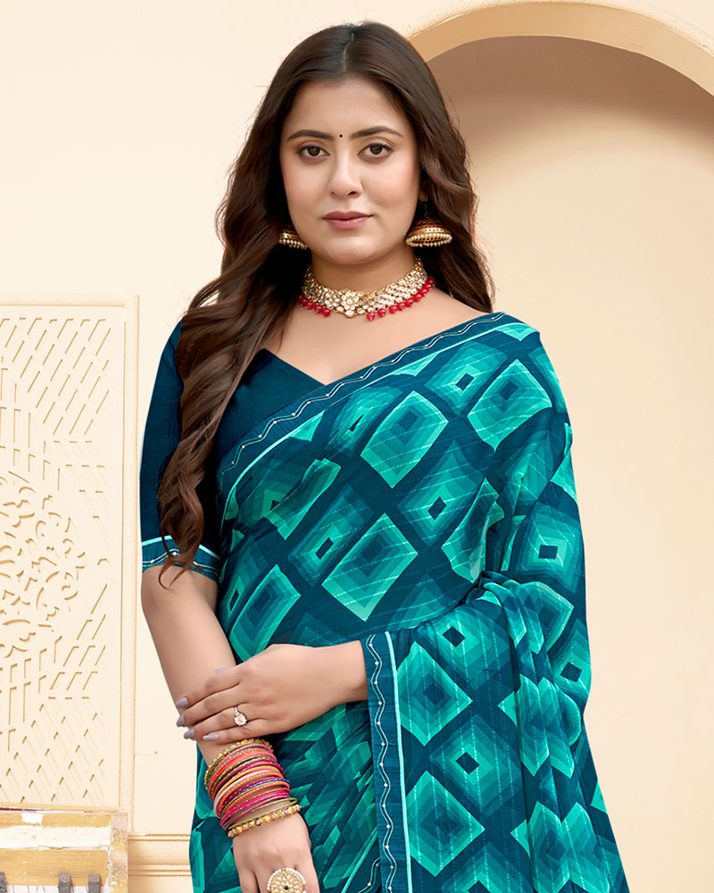 Vishal Prints Dark Ocean Green Printed Fancy Chiffon Saree With Fancy Border