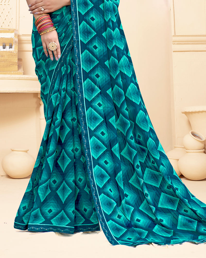 Vishal Prints Dark Ocean Green Printed Fancy Chiffon Saree With Fancy Border