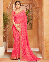 Vishal Prints Red Pink Georgette Saree With Foil Print And Zari Border