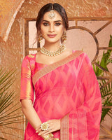 Vishal Prints Red Pink Georgette Saree With Foil Print And Zari Border