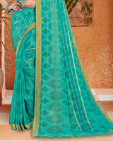 Vishal Prints Teal Blue Georgette Saree With Foil Print And Zari Border