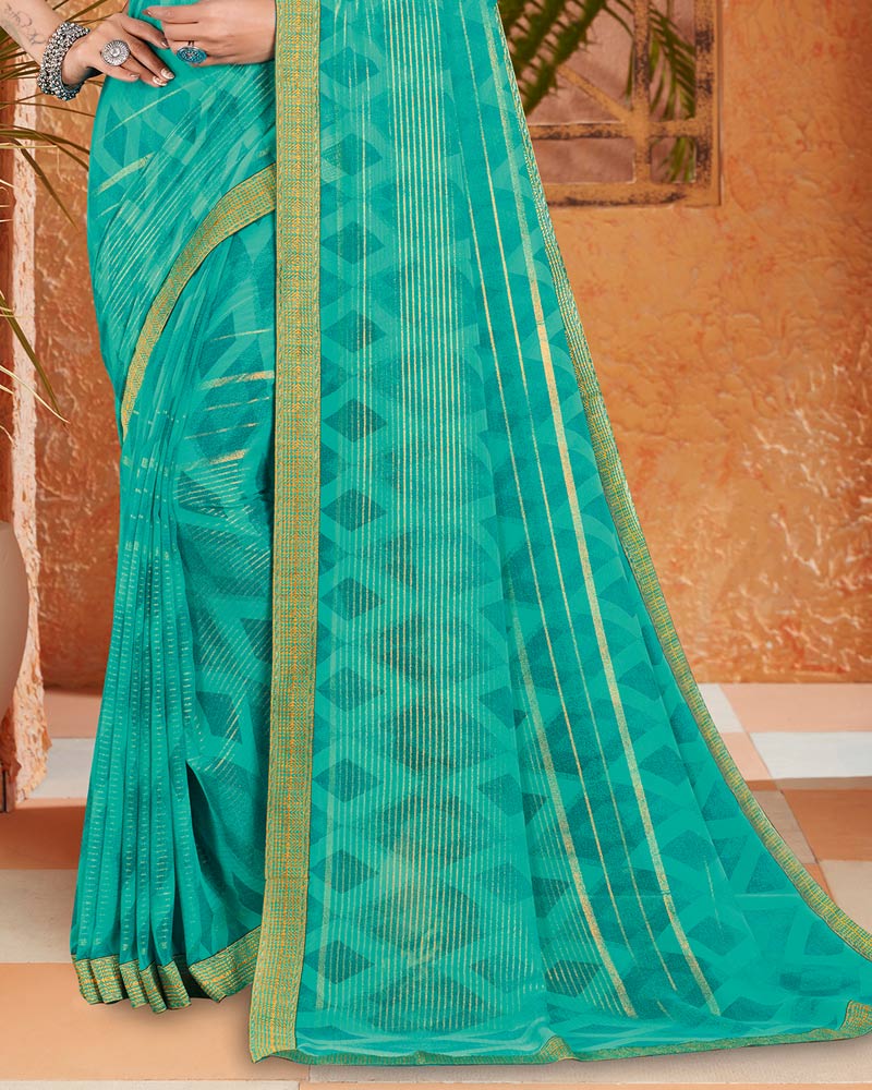 Vishal Prints Teal Blue Georgette Saree With Foil Print And Zari Border