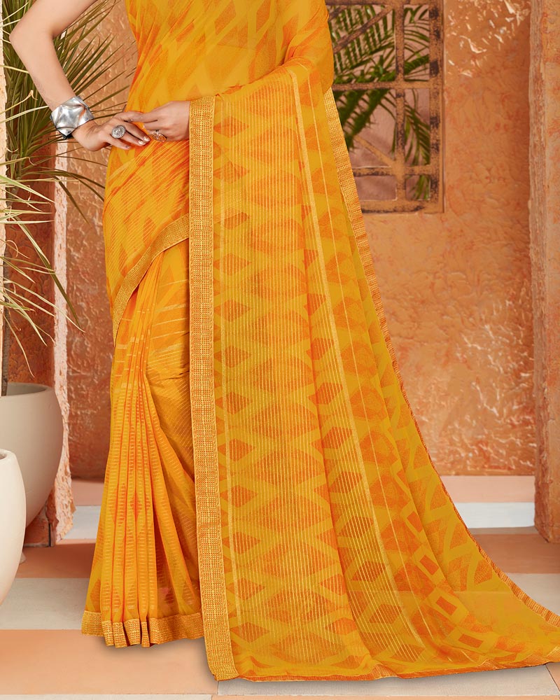Vishal Prints Mustard Georgette Saree With Foil Print And Zari Border