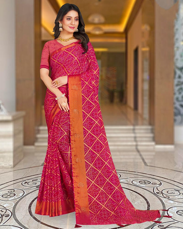 Vishal Prints Rani Printed Brasso Bandhani Print Saree With Diamond And Foil Print