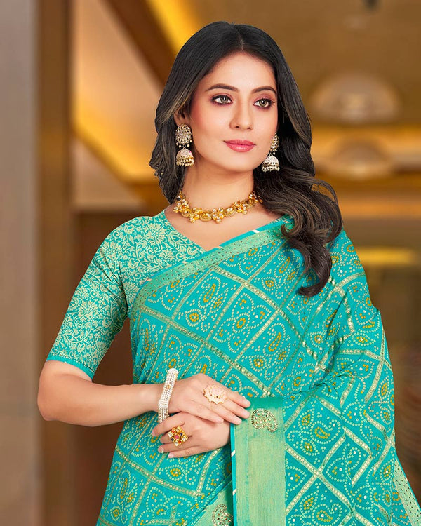 Vishal Prints Turquoise Blue Printed Brasso Bandhani Print Saree With Diamond And Foil Print