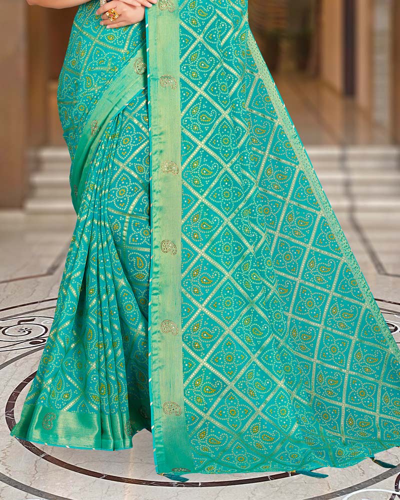 Vishal Prints Turquoise Blue Printed Brasso Bandhani Print Saree With Diamond And Foil Print