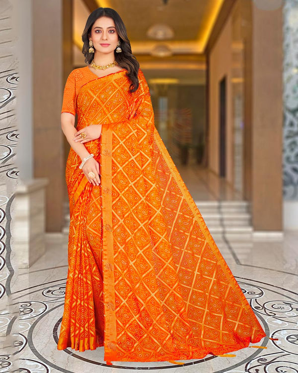 Vishal Prints Orange Printed Brasso Bandhani Print Saree With Diamond And Foil Print
