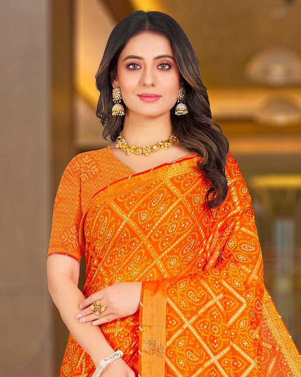 Vishal Prints Orange Printed Brasso Bandhani Print Saree With Diamond And Foil Print