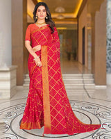 Vishal Prints Pinkish Red Printed Brasso Bandhani Print Saree With Diamond And Foil Print