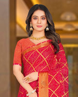 Vishal Prints Pinkish Red Printed Brasso Bandhani Print Saree With Diamond And Foil Print