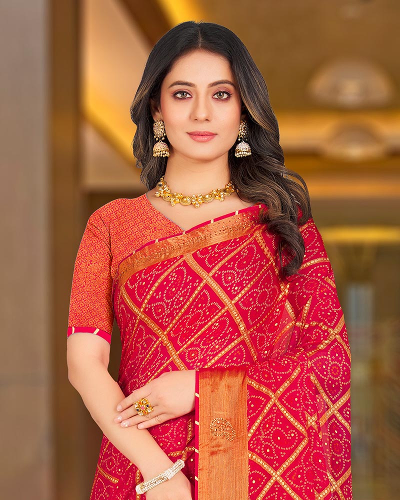 Vishal Prints Pinkish Red Printed Brasso Bandhani Print Saree With Diamond And Foil Print