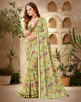 Vishal Prints Olive Green Printed Georgette Saree With Fancy Border