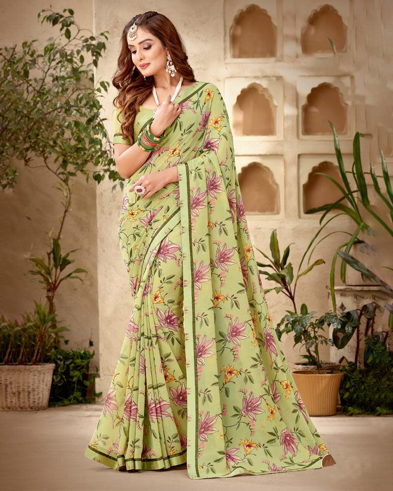 Vishal Prints Olive Green Printed Georgette Saree With Fancy Border