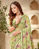 Vishal Prints Olive Green Printed Georgette Saree With Fancy Border