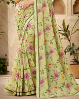 Vishal Prints Olive Green Printed Georgette Saree With Fancy Border