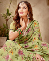 Vishal Prints Olive Green Printed Georgette Saree With Fancy Border