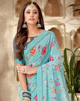 Vishal Prints Light Blue Printed Georgette Saree With Fancy Border