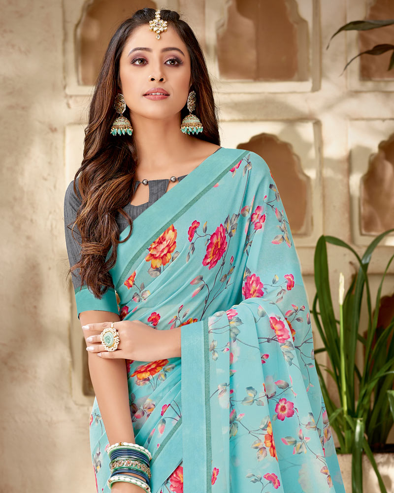 Vishal Prints Light Blue Printed Georgette Saree With Fancy Border