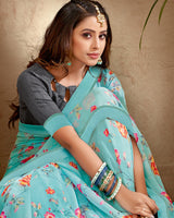 Vishal Prints Light Blue Printed Georgette Saree With Fancy Border