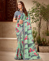 Vishal Prints Dark Sea Green Printed Georgette Saree With Fancy Border