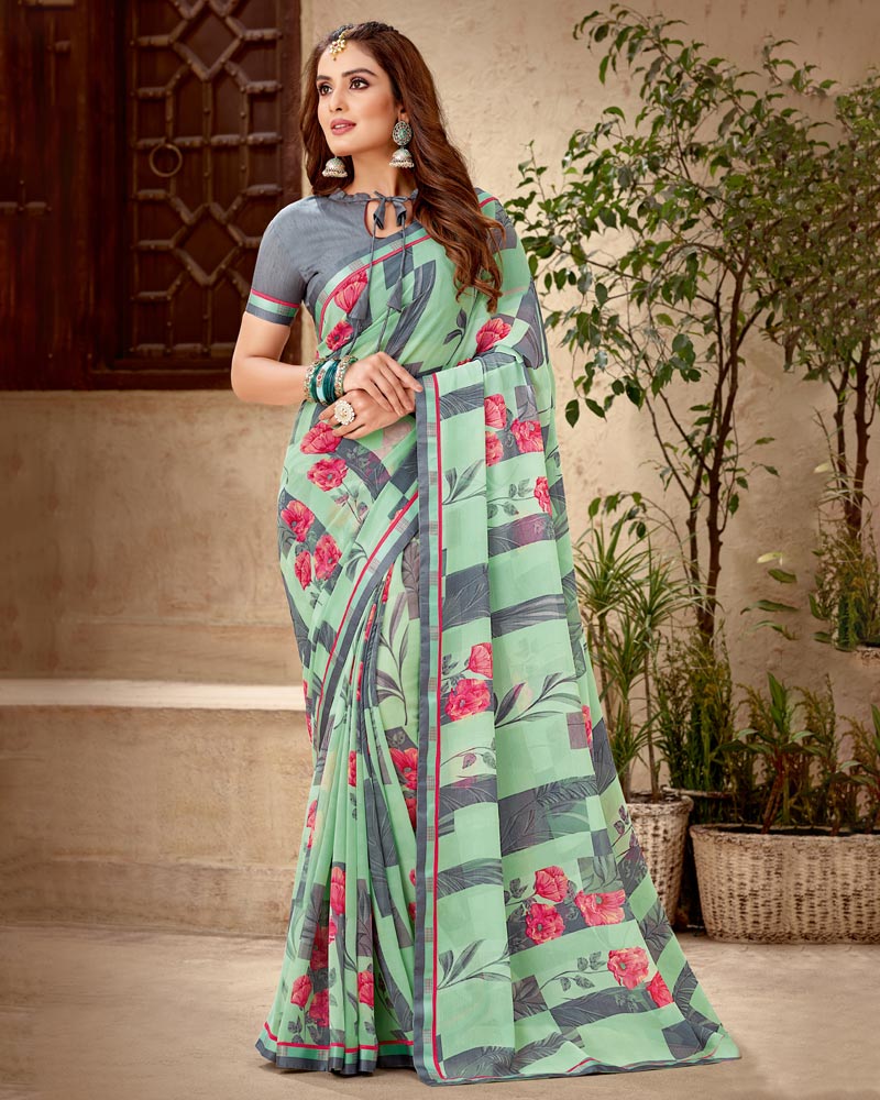 Vishal Prints Dark Sea Green Printed Georgette Saree With Fancy Border