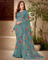 Vishal Prints Pastel Blue Printed Georgette Saree With Fancy Border