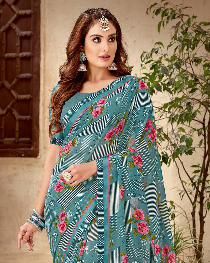 Vishal Prints Pastel Blue Printed Georgette Saree With Fancy Border