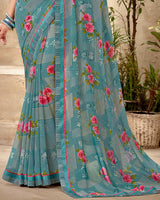 Vishal Prints Pastel Blue Printed Georgette Saree With Fancy Border