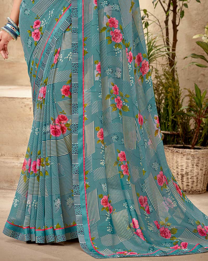 Vishal Prints Pastel Blue Printed Georgette Saree With Fancy Border