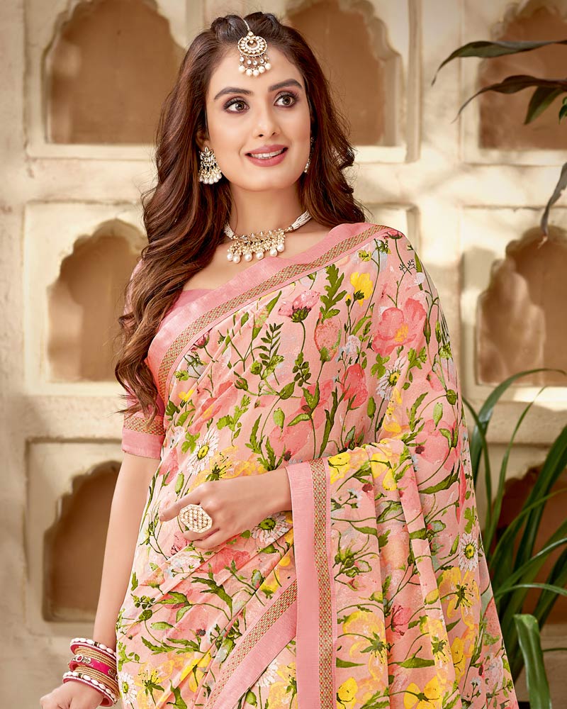 Vishal Prints Light Peach Printed Georgette Saree With Fancy Border