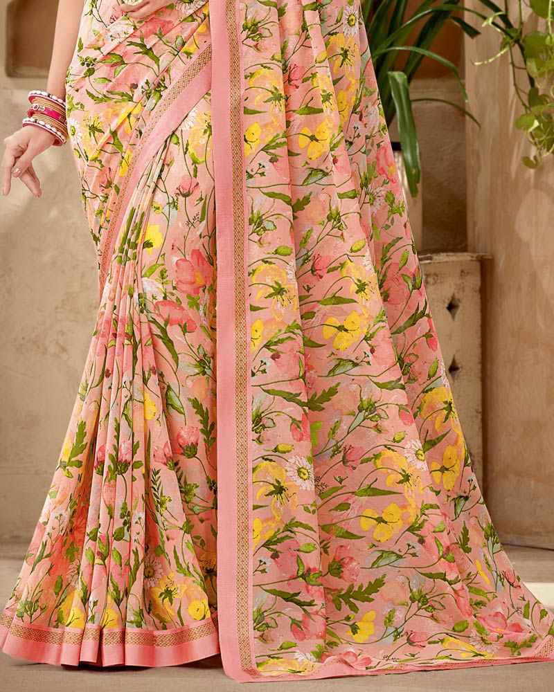 Vishal Prints Light Peach Printed Georgette Saree With Fancy Border